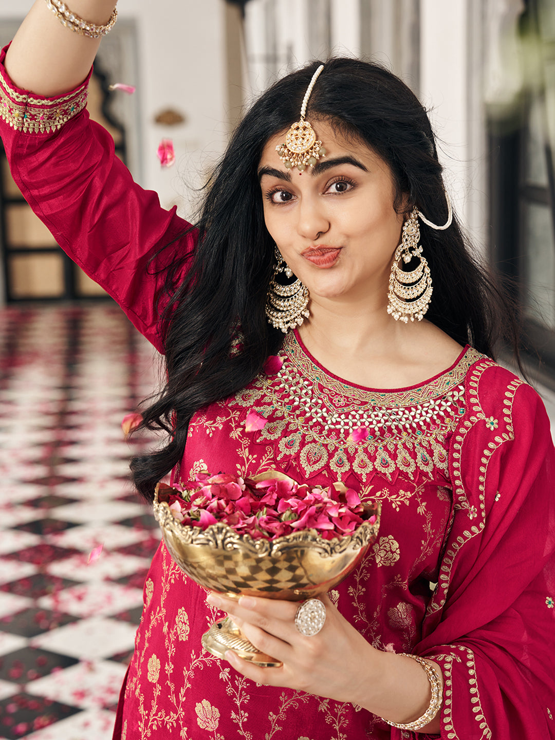 Red Silk Blend Zari Thread Embroidered Coding With Mirror Work Kurta With Pant And Dupatta Set