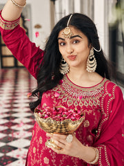 Red Silk Blend Zari Thread Embroidered Coding With Mirror Work Kurta With Pant And Dupatta Set