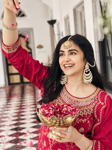 Red Silk Blend Zari Thread Embroidered Coding With Mirror Work Kurta With Pant And Dupatta Set