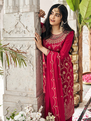 Red Silk Blend Zari Thread Embroidered Coding With Mirror Work Kurta With Pant And Dupatta Set