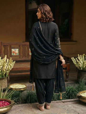 Classic Black Embroidered Short Kurta and Afghan Pant Set