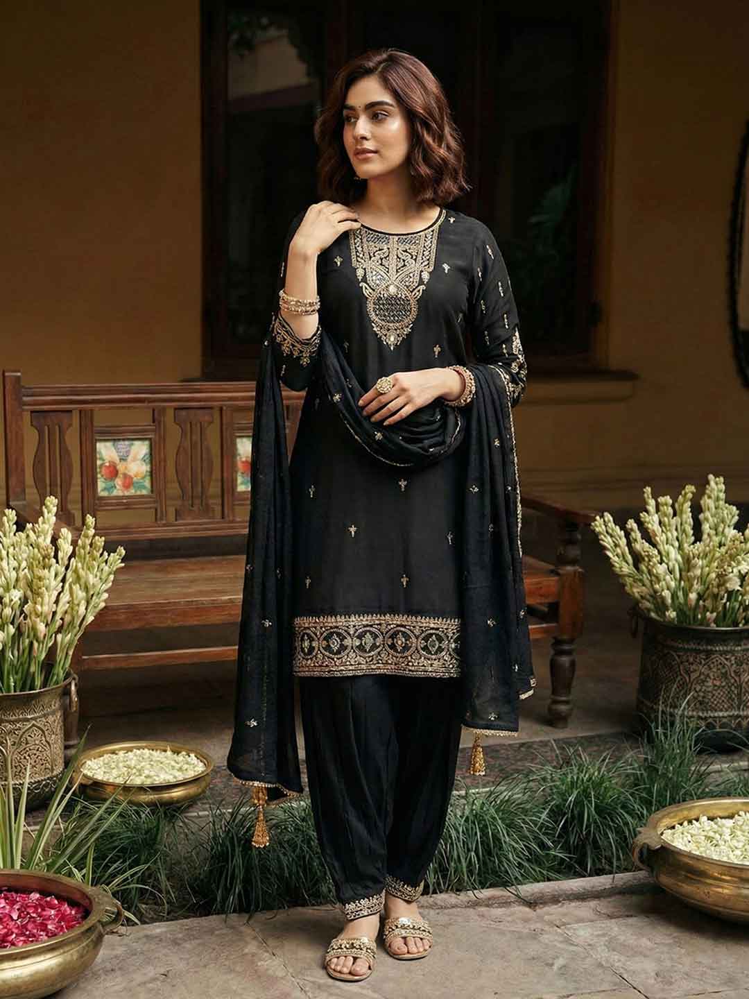 Classic Black Embroidered Short Kurta and Afghan Pant Set