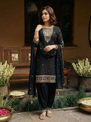 Classic Black Embroidered Short Kurta and Afghan Pant Set