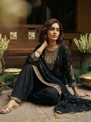 Classic Black Embroidered Short Kurta and Afghan Pant Set
