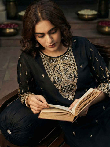 Classic Black Embroidered Short Kurta and Afghan Pant Set