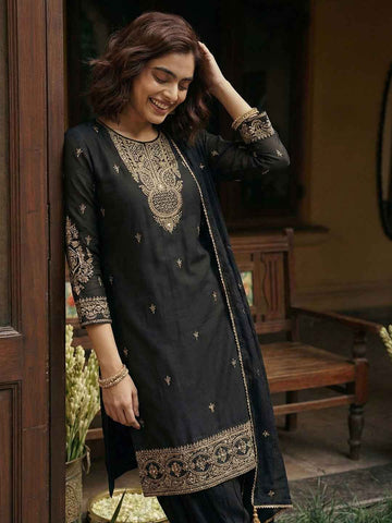 Classic Black Embroidered Short Kurta and Afghan Pant Set