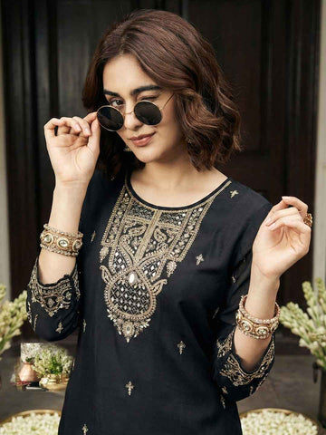 Classic Black Embroidered Short Kurta and Afghan Pant Set