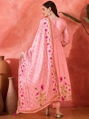 Pink Silk Blend Zari Sequence Thread Work Embroidered Kurta With Pant And Dupatta