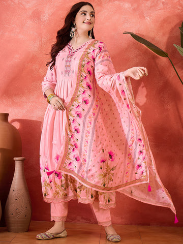 Pink Silk Blend Zari Sequence Thread Work Embroidered Kurta With Pant And Dupatta