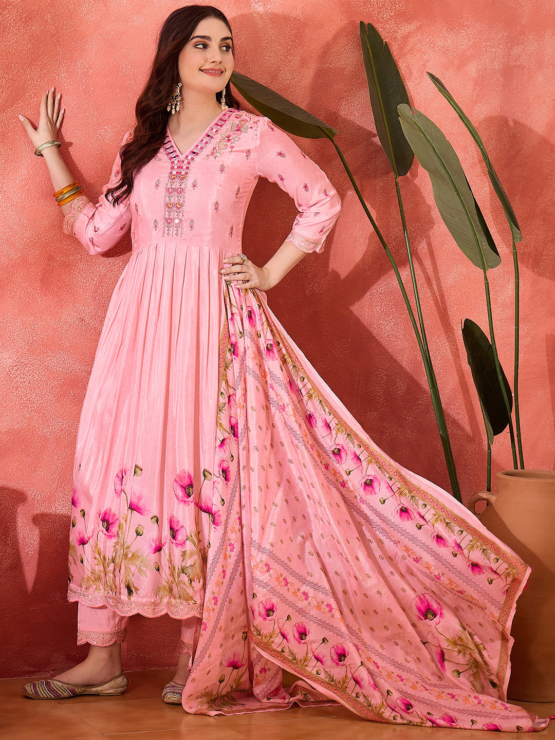 Blush Pink Floral Anarkali Suit with Dupatta