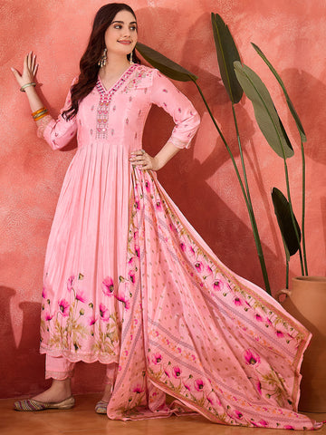 Pink Silk Blend Zari Sequence Thread Work Embroidered Kurta With Pant And Dupatta