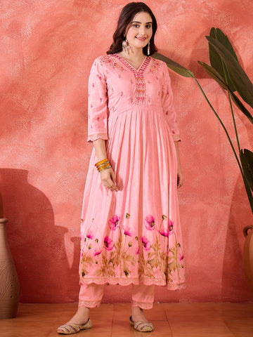 Blush Pink Floral Anarkali Suit with Dupatta
