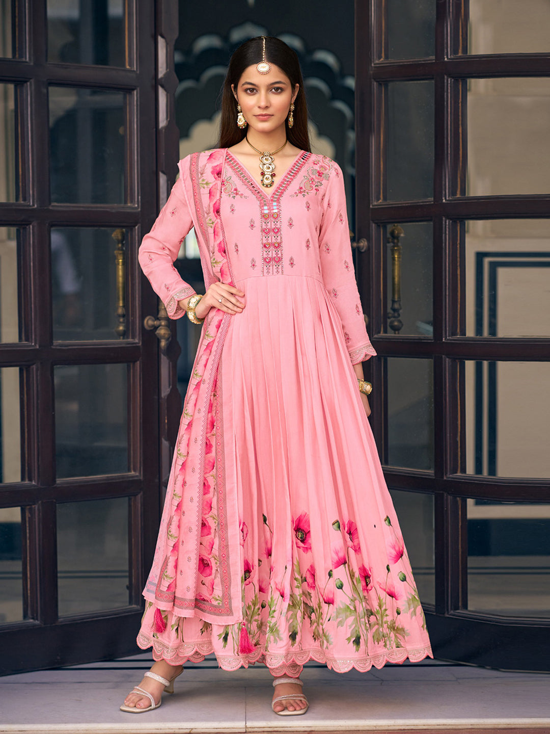Pink Silk Blend Zari Sequence Thread Work Embroidered Kurta With Pant And Dupatta