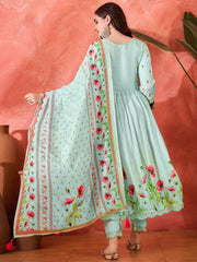 Sky Blue Silk Blend Zari Sequence Thread Work Embroidered Kurta With Pant And Dupatta