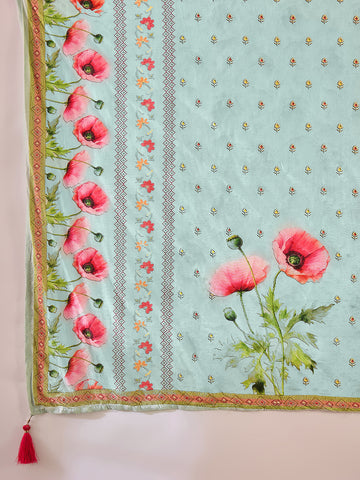 Sky Blue Silk Blend Zari Sequence Thread Work Embroidered Kurta With Pant And Dupatta