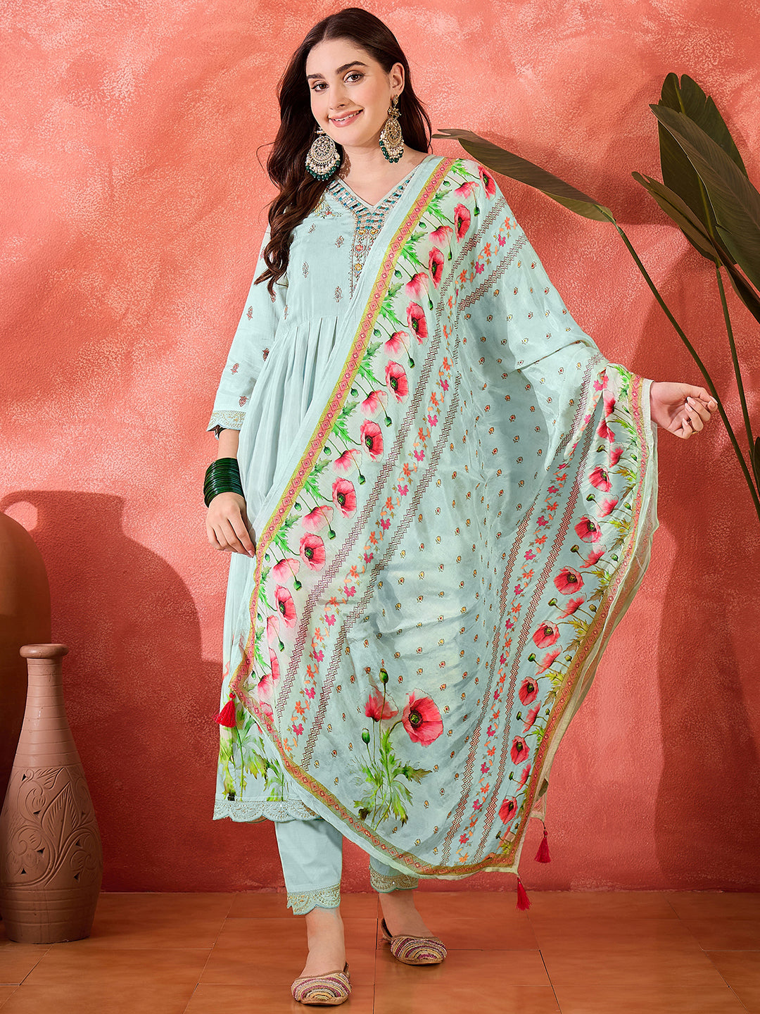 Sky Blue Silk Blend Zari Sequence Thread Work Embroidered Kurta With Pant And Dupatta