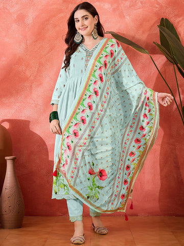 Pastel Blue Floral Anarkali Suit with Dupatta