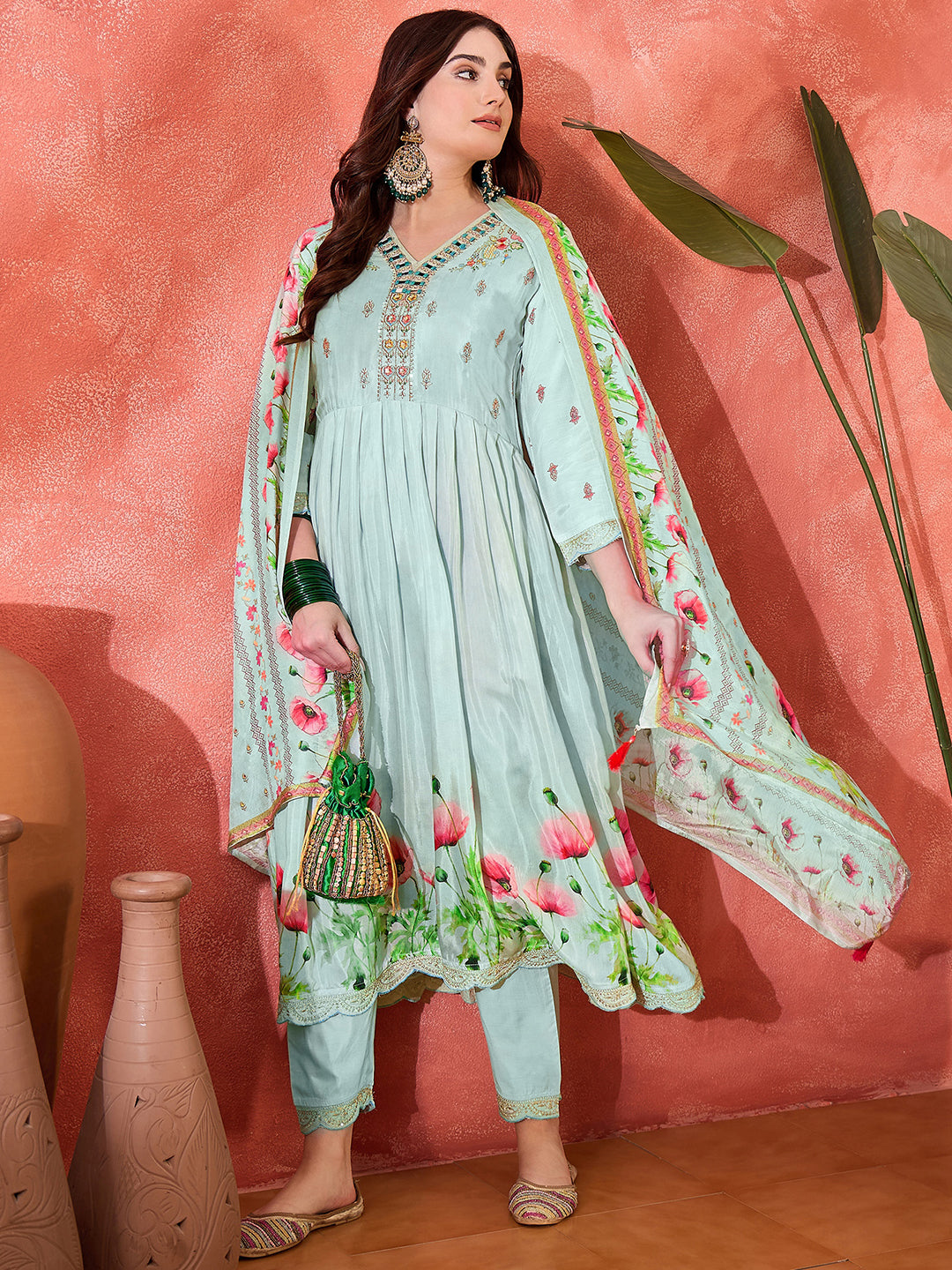 Pastel Blue Floral Anarkali Suit with Dupatta