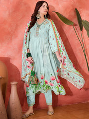 Sky Blue Silk Blend Zari Sequence Thread Work Embroidered Kurta With Pant And Dupatta