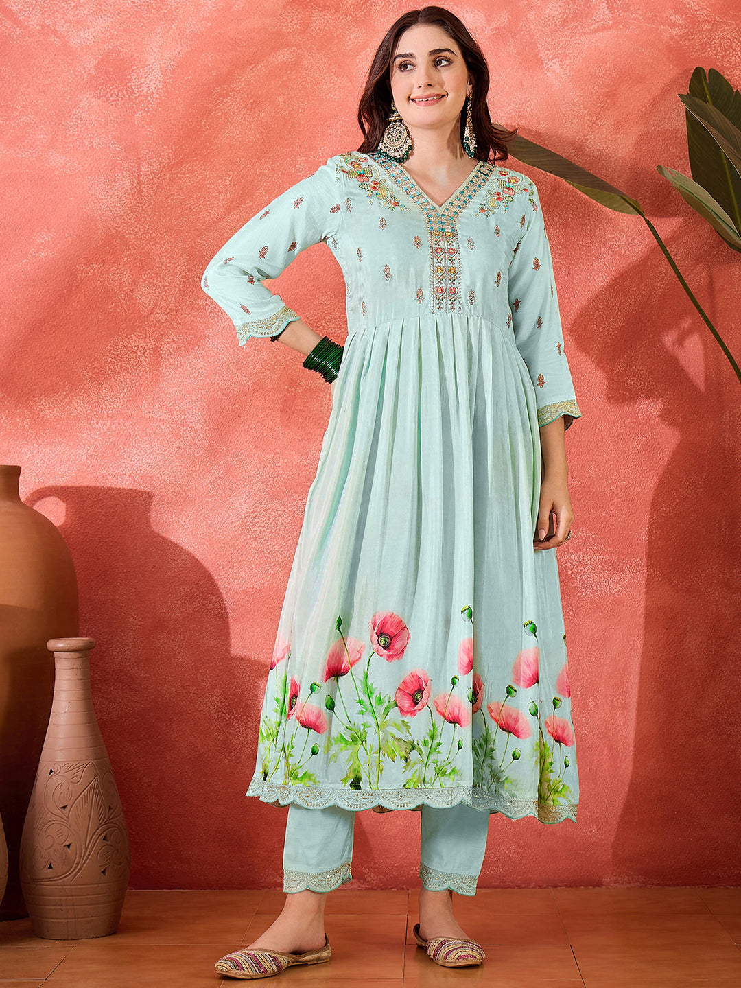 Sky Blue Silk Blend Zari Sequence Thread Work Embroidered Kurta With Pant And Dupatta