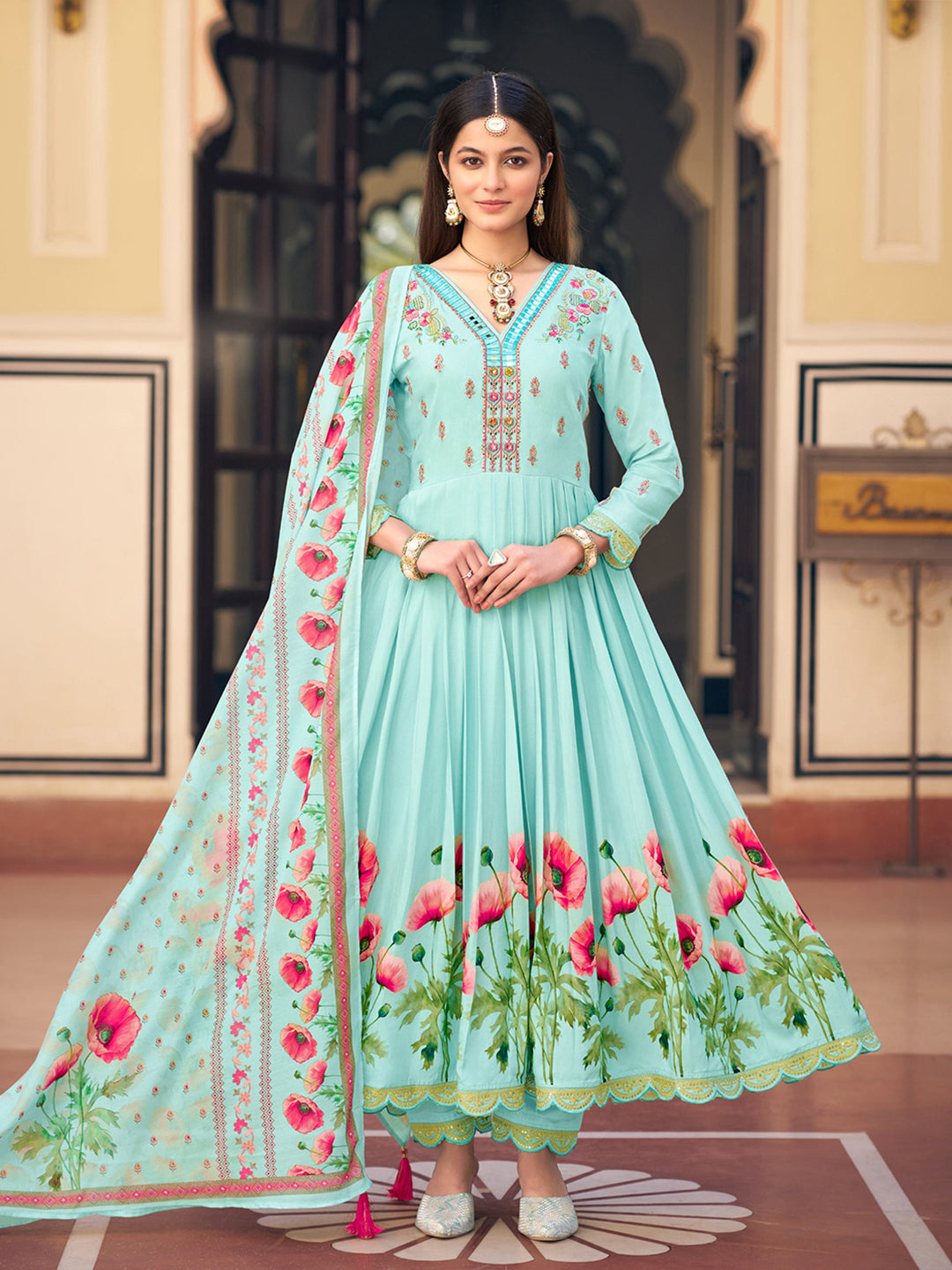 Sky Blue Silk Blend Zari Sequence Thread Work Embroidered Kurta With Pant And Dupatta