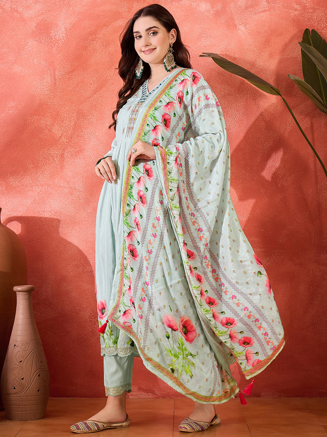 Sky Blue Silk Blend Zari Sequence Thread Work Embroidered Kurta With Pant And Dupatta