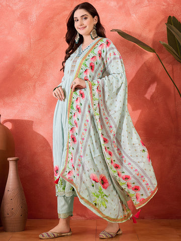Pastel Blue Floral Anarkali Suit with Dupatta