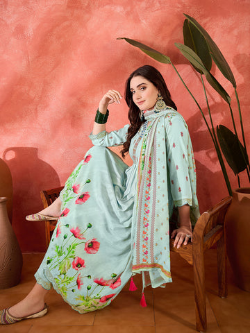 Sky Blue Silk Blend Zari Sequence Thread Work Embroidered Kurta With Pant And Dupatta