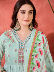 Sky Blue Silk Blend Zari Sequence Thread Work Embroidered Kurta With Pant And Dupatta