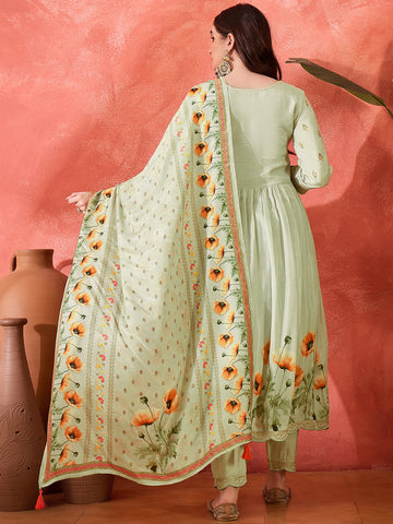Pastel Green Silk Blend Zari Sequence Thread Work Embroidered Kurta With Pant And Dupatta