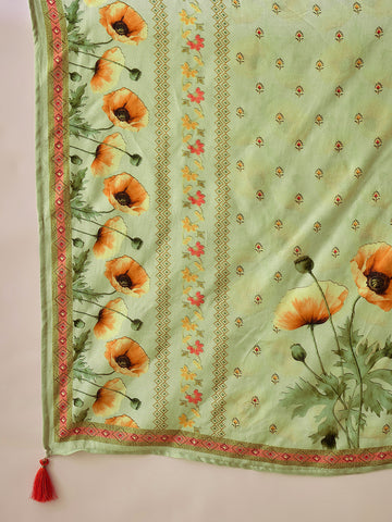 Pastel Green Silk Blend Zari Sequence Thread Work Embroidered Kurta With Pant And Dupatta