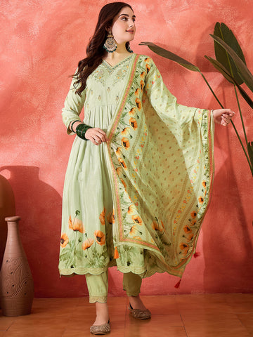 Pastel Green Silk Blend Zari Sequence Thread Work Embroidered Kurta With Pant And Dupatta