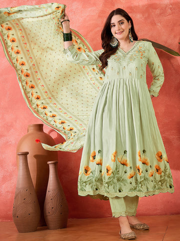Pastel Green Silk Blend Zari Sequence Thread Work Embroidered Kurta With Pant And Dupatta