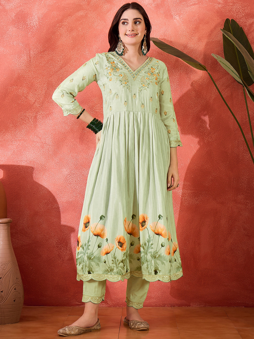 Pastel Green Silk Blend Zari Sequence Thread Work Embroidered Kurta With Pant And Dupatta