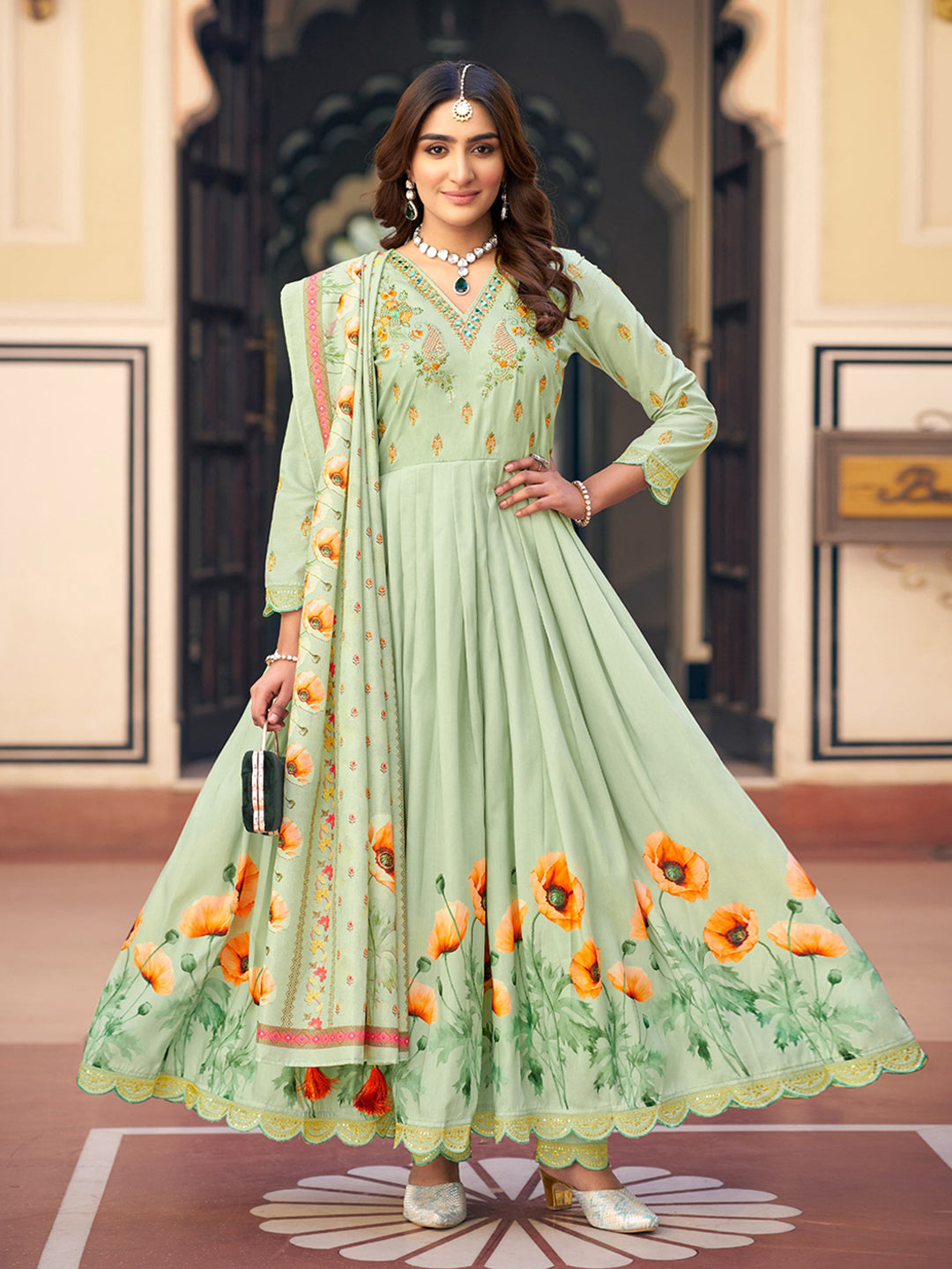 Pastel Green Silk Blend Zari Sequence Thread Work Embroidered Kurta With Pant And Dupatta
