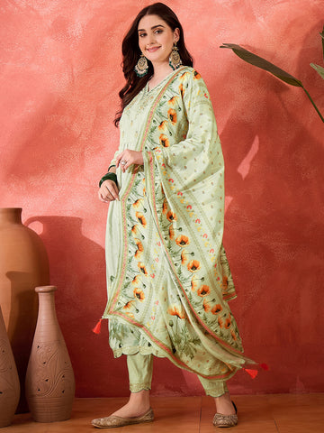Pastel Green Silk Blend Zari Sequence Thread Work Embroidered Kurta With Pant And Dupatta
