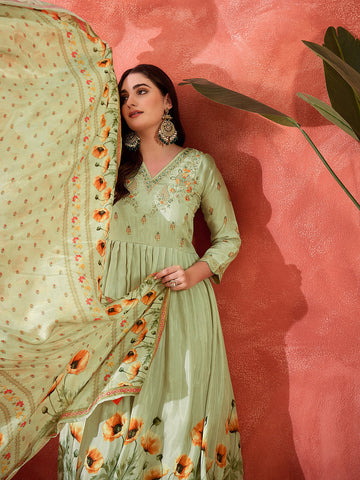 Sea Green Floral Anarkali Suit with Dupatta