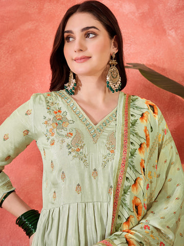 Pastel Green Silk Blend Zari Sequence Thread Work Embroidered Kurta With Pant And Dupatta