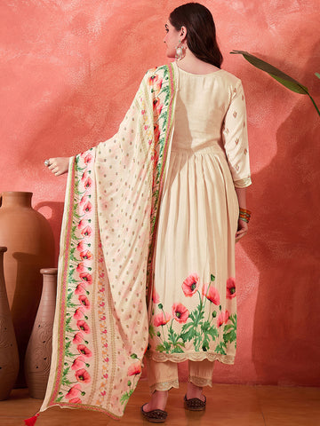 Cream Silk Blend Zari Sequence Thread Work Embroidered Kurta With Pant And Dupatta