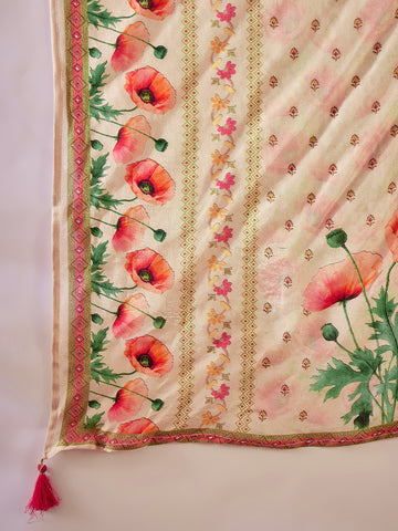 Cream Silk Blend Zari Sequence Thread Work Embroidered Kurta With Pant And Dupatta