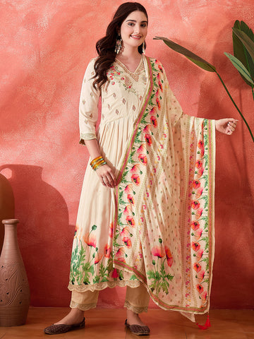 Cream Silk Blend Zari Sequence Thread Work Embroidered Kurta With Pant And Dupatta