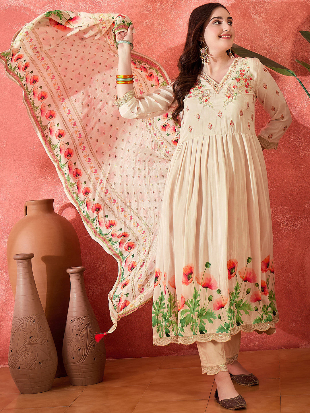 Cream Silk Blend Zari Sequence Thread Work Embroidered Kurta With Pant And Dupatta