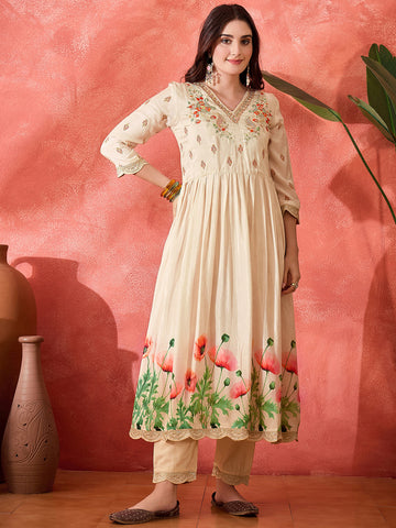 Cream Silk Blend Zari Sequence Thread Work Embroidered Kurta With Pant And Dupatta