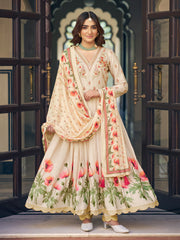Cream Floral Anarkali Suit with Dupatta