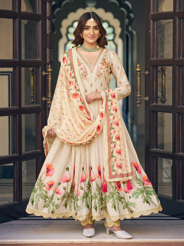 Cream Silk Blend Zari Sequence Thread Work Embroidered Kurta With Pant And Dupatta