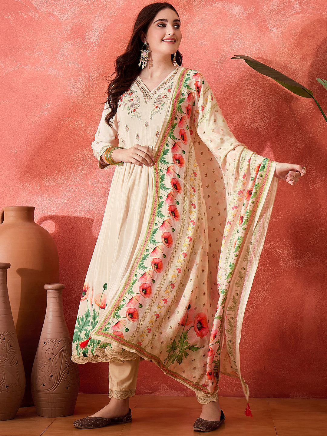 Cream Floral Anarkali Suit with Dupatta