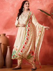Cream Silk Blend Zari Sequence Thread Work Embroidered Kurta With Pant And Dupatta