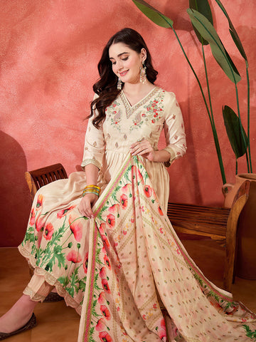 Cream Floral Anarkali Suit with Dupatta