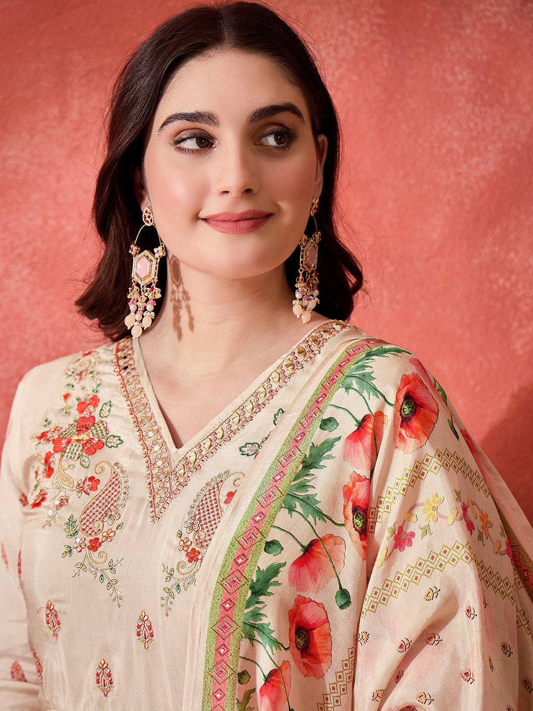 Cream Silk Blend Zari Sequence Thread Work Embroidered Kurta With Pant And Dupatta