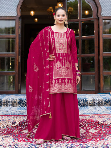 Magenta Silk Blend Jacquard  With Khatli Work Kurta With Palazzo And Dupatta Set